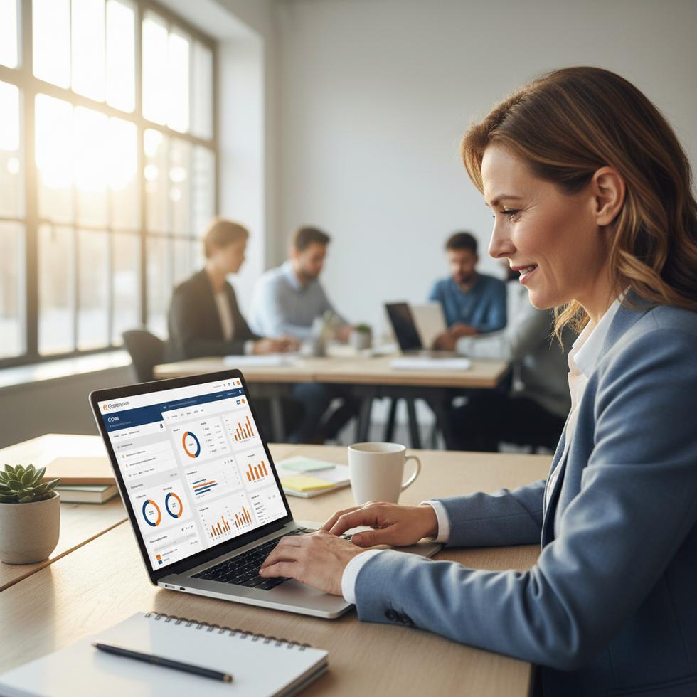 CRM voor MKB - Een MKB-ondernemer die met een CRM voor MKB systeem van eConcepts Nederland orde schept in klantgegevens op een laptop.