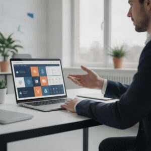 Digitale Werkplek - Een professional van eConcepts Nederland die een MKB-ondernemer helpt met het inrichten van een efficiënte digitale werkplek op een laptop.