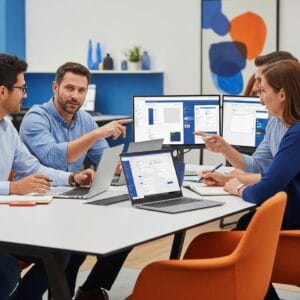 efficiënt online samenwerken - Een team dat efficiënt online samenwerkt met laptops en schermen, ondersteund door eConcepts Nederland.