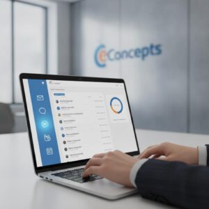 Efficiënte Klantcommunicatie - Een professional die efficiënte klantcommunicatie beheert op een laptop, met iconen voor e-mail, chat en agenda, met het logo van eConcepts Nederland.