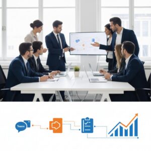 efficiëntie met Microsoft 365 - Een team van MKB-professionals die samenwerken en hun efficiëntie met Microsoft 365 verhogen, met het logo van eConcepts Nederland.