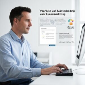 klantenbinding via e-mailmarketing - Illustratie van een MKB-ondernemer die een gepersonaliseerde e-mail verstuurt voor klantenbinding via e-mailmarketing, een service van eConcepts Nederland.