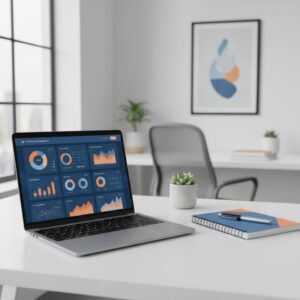 klantrelatiebeheer MKB - Een MKB-ondernemer die efficiënt klantrelatiebeheer toepast met een laptop, wat de professionele aanpak van eConcepts Nederland symboliseert.