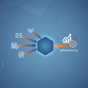 Klantrelatiebeheer optimaliseren - Een grafische weergave van klantrelatiebeheer optimaliseren met iconen voor e-mail, agenda en documenten die samenkomen in een centrale hub, met het logo van eConcepts Nederland.