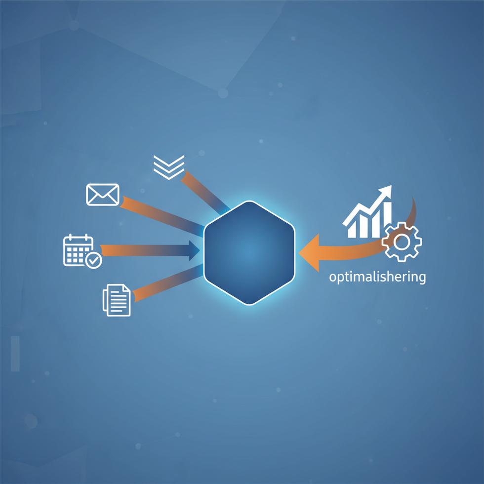 Klantrelatiebeheer optimaliseren - Een grafische weergave van klantrelatiebeheer optimaliseren met iconen voor e-mail, agenda en documenten die samenkomen in een centrale hub, met het logo van eConcepts Nederland.