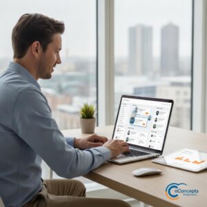 Klantrelatiebeheer - Een ondernemer die efficiënt werkt aan een laptop met een klantrelatiebeheer (CRM) dashboard, een dienst van eConcepts Nederland.