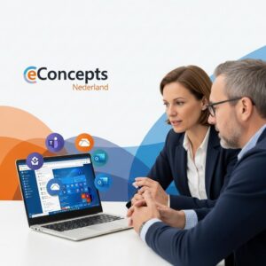 Microsoft 365 beheer - Een professional van eConcepts Nederland die een MKB-ondernemer helpt met efficiënt Microsoft 365 beheer op een laptop.