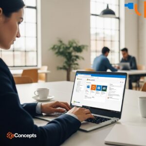 Microsoft 365 beheer - Een professional van eConcepts Nederland die aan een laptop werkt en Microsoft 365 beheer uitvoert voor een MKB-klant.