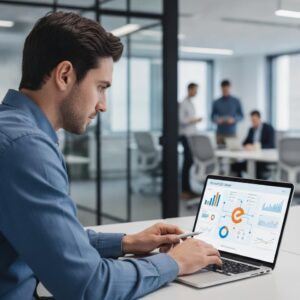 Microsoft 365 beheer - Een professional die werkt aan een laptop met het Microsoft 365 beheer dashboard, symbool voor het Microsoft 365 beheer door eConcepts Nederland.