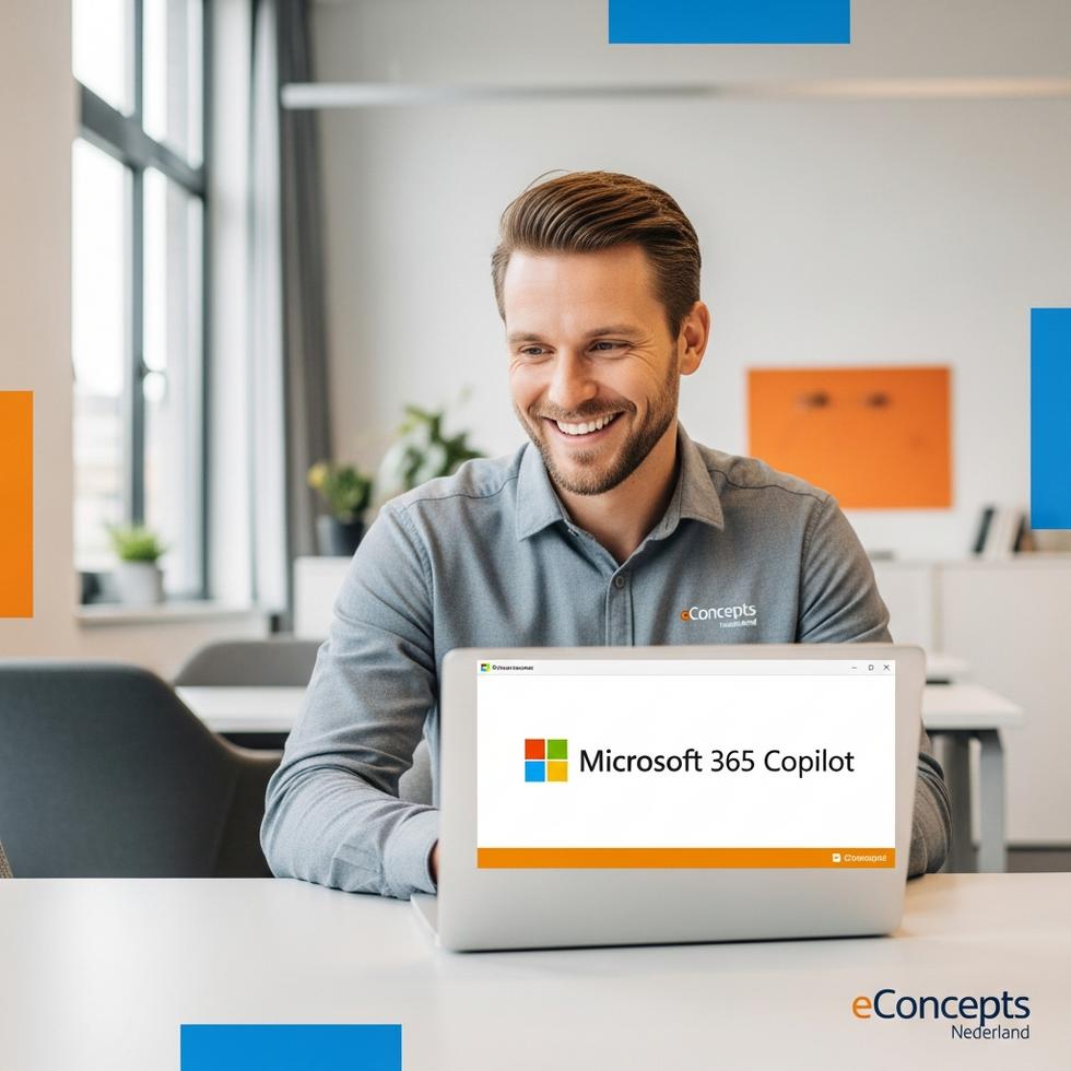 Microsoft 365 Copilot voor kleine bedrijven - Een MKB-ondernemer werkt efficiënt op een laptop met het Microsoft 365 Copilot logo, een dienst aangeboden door eConcepts Nederland.
