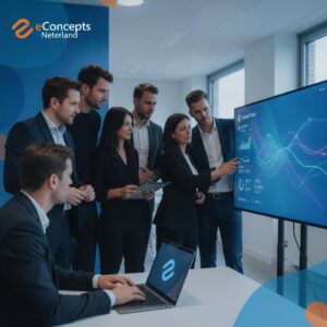 Microsoft 365 Copilot voor MKB - Een MKB-ondernemer die efficiënt werkt op een laptop met het Microsoft 365 Copilot logo, ondersteund door eConcepts Nederland.