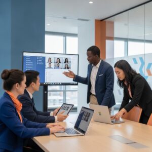 Microsoft 365 MKB - Een MKB ondernemer werkt efficiënt op een laptop met het Microsoft 365 MKB logo, geadviseerd door eConcepts Nederland.