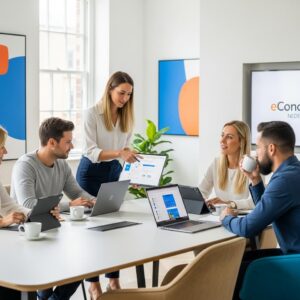 Microsoft 365 MKB - Een team van MKB-professionals werkt efficiënt samen met Microsoft 365 MKB op laptops en tablets, ondersteund door eConcepts Nederland.