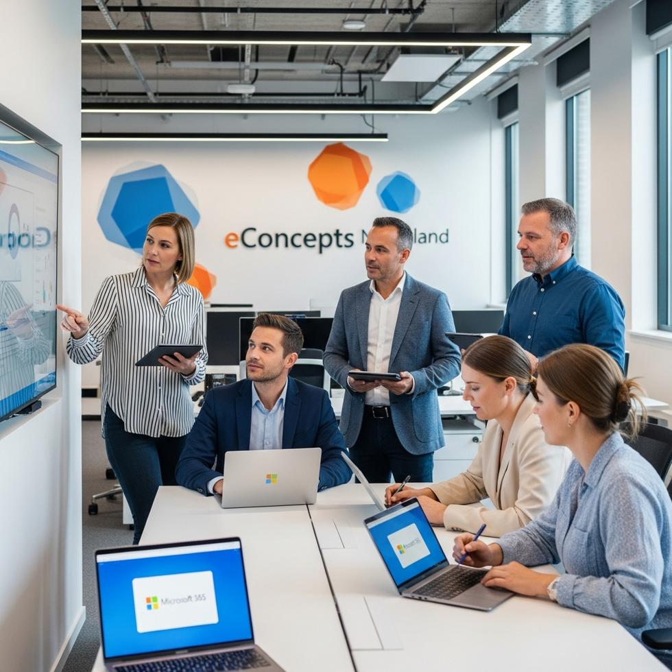 Microsoft 365 MKB - Een team van MKB-professionals werkt efficiënt samen met laptops waarop het Microsoft 365 MKB logo te zien is, ondersteund door eConcepts Nederland.