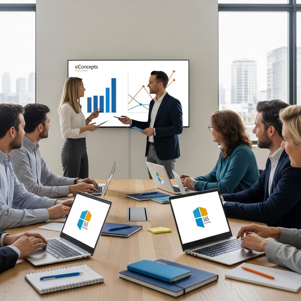 Microsoft 365 voor MKB - Een team van MKB-medewerkers die efficiënt samenwerken met laptops die het Microsoft 365 voor MKB logo tonen, een concept van eConcepts Nederland.