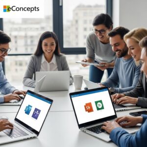 Microsoft 365 voor MKB - Een MKB-ondernemer die efficiënt werkt op een laptop met Microsoft 365 voor MKB logo's, geadviseerd door eConcepts Nederland.