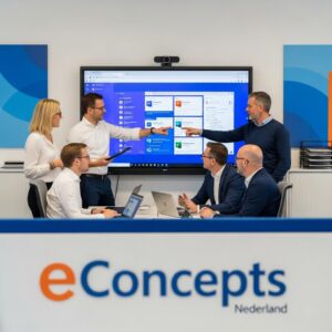 Microsoft 365 voor MKB - Een team van een MKB-bedrijf werkt efficiënt samen met Microsoft 365, begeleid door eConcepts Nederland.