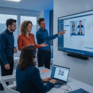 Microsoft Teams trainingen - Team van MKB-professionals volgt een Microsoft Teams training op kantoor, begeleid door een expert van eConcepts Nederland.