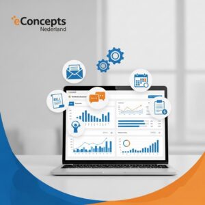 MKB automatisering - Een diagram dat de workflow van MKB automatisering laat zien, met iconen voor e-mail, agenda en facturatie, geoptimaliseerd door eConcepts Nederland.