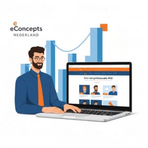 MKB website laten maken - Een MKB-ondernemer werkt tevreden aan een laptop waarop de nieuwe, door eConcepts Nederland gemaakte, website te zien is.