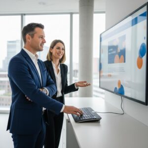 professionele website laten maken - Een MKB-ondernemer die tevreden kijkt naar de nieuwe professionele website die is gemaakt door eConcepts Nederland.