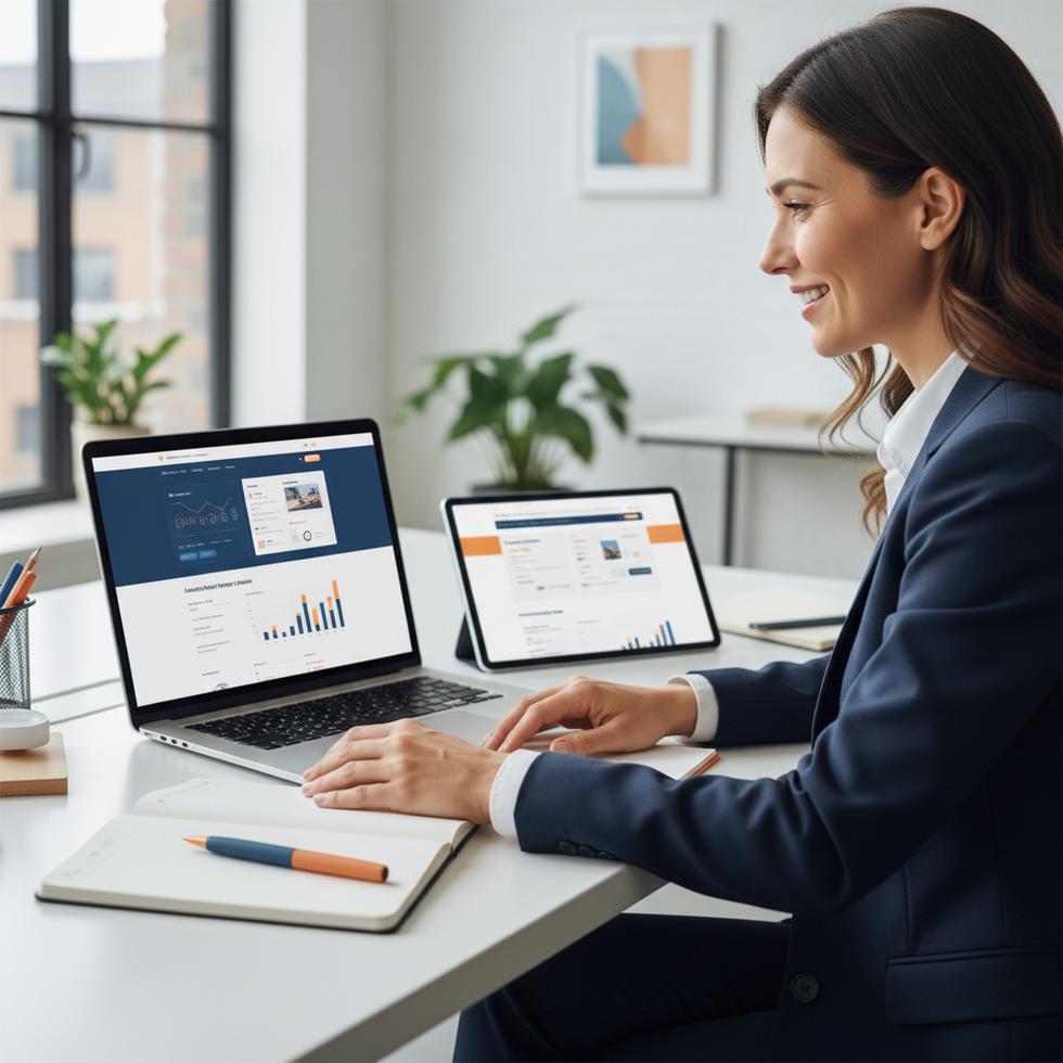 professionele website laten maken - Een MKB-ondernemer werkt tevreden op een laptop waarop het dashboard van een nieuwe website te zien is, een voorbeeld van een professionele website laten maken door eConcepts Nederland.