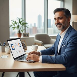professionele website laten maken - Een MKB-ondernemer werkt tevreden op een laptop waarop de nieuwe, professionele website is te zien, ontwikkeld door eConcepts Nederland.