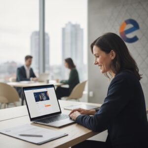 professionele website laten maken - Een MKB-ondernemer werkt tevreden op een laptop waarop het ontwerp van een nieuwe professionele website te zien is, gemaakt door eConcepts Nederland.