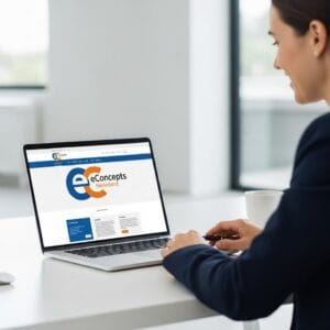 professionele website laten maken - Een MKB-ondernemer die tevreden kijkt naar de nieuwe professionele website die is gemaakt door eConcepts Nederland.