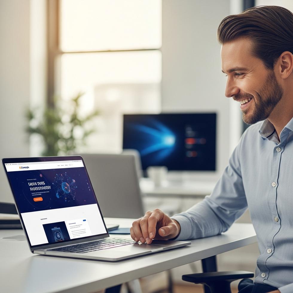 professionele website laten maken - Een ondernemer die tevreden kijkt naar de nieuwe professionele website op een laptop, gemaakt door eConcepts Nederland.