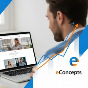 professionele website laten maken - Een MKB-ondernemer die tevreden kijkt naar het design van de nieuwe website die is gemaakt door eConcepts Nederland.