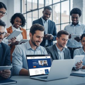 professionele website laten maken - Een ondernemer werkt tevreden op een laptop waarop de nieuwe, professionele website, gemaakt door eConcepts Nederland, wordt getoond.