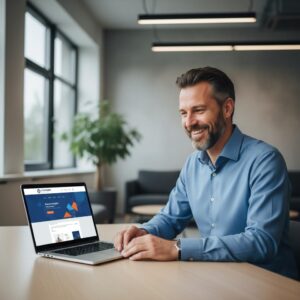 professionele website MKB - Een MKB-ondernemer werkt aan een laptop waarop het design van een nieuwe professionele website MKB te zien is, ontwikkeld door eConcepts Nederland.