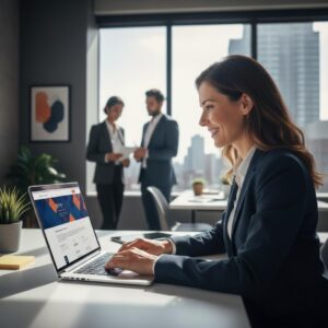Professionele website MKB - MKB-ondernemer werkt aan een laptop waarop een nieuwe professionele website MKB te zien is, ontwikkeld door eConcepts Nederland.