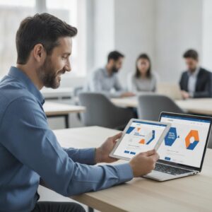 professionele website MKB - Een ondernemer werkt aan een laptop waarop het design van een nieuwe professionele website voor het MKB wordt getoond, een project van eConcepts Nederland.