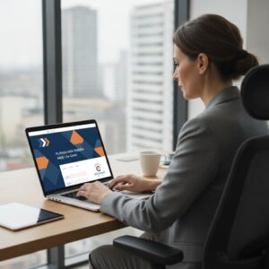 professionele website MKB - Een ondernemer werkt aan een laptop waarop het ontwerp van een nieuwe professionele website voor MKB wordt getoond, met het logo van eConcepts Nederland.