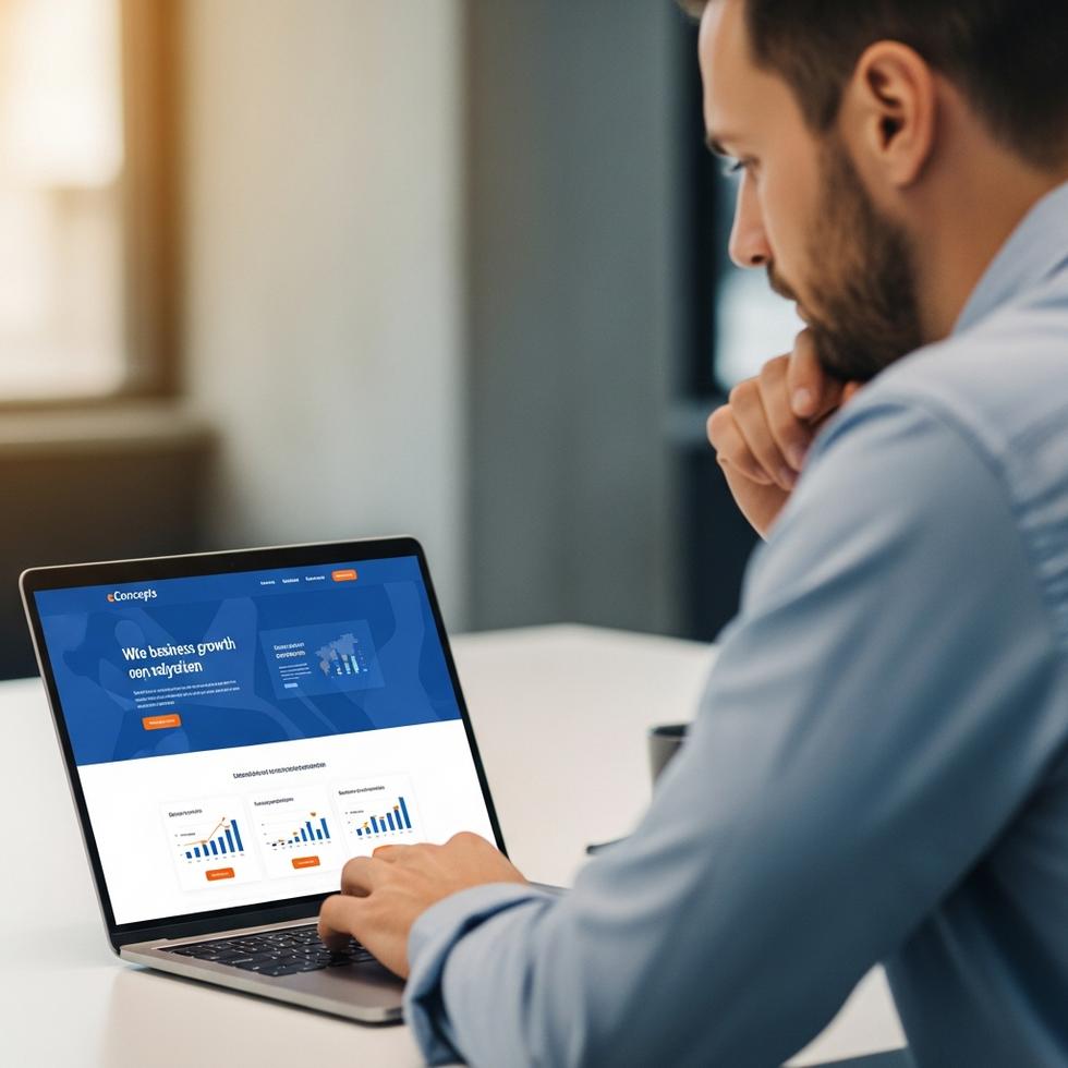 professionele website MKB - Een MKB-ondernemer die de groei van zijn bedrijf analyseert op een laptop met een professionele website MKB, gebouwd door eConcepts Nederland.