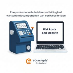Wat kost een website - Een rekenmachine en een laptop die de vraag 'Wat kost een website' illustreren, met het logo van eConcepts Nederland.