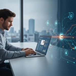 webshop laten maken - Een ondernemer werkt aan een laptop waarop het dashboard van een nieuwe online winkel te zien is, wat het proces van een webshop laten maken door eConcepts Nederland symboliseert.