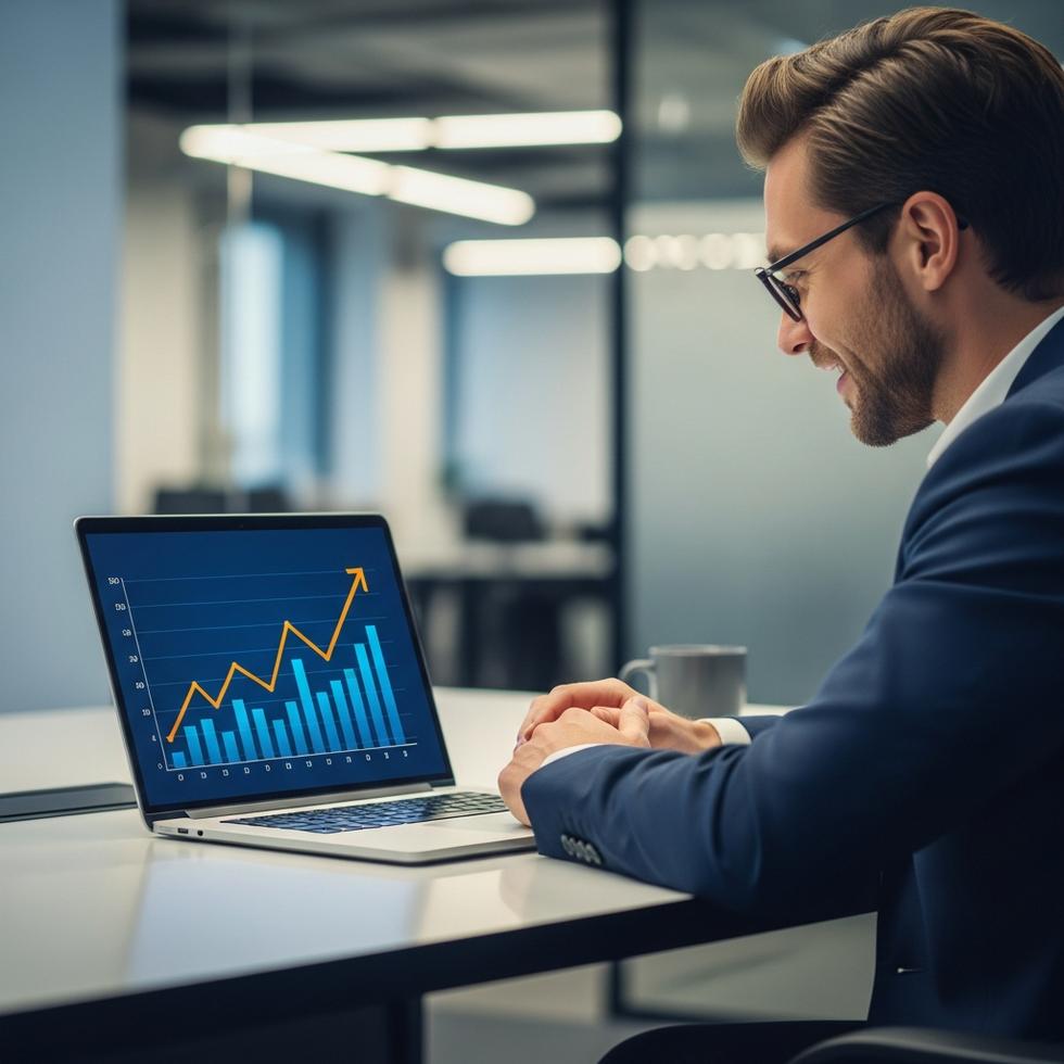 Website als marketingmotor - Een grafiek die opwaarts wijst op een laptopscherm, wat de groei symboliseert die een website als marketingmotor van eConcepts Nederland kan realiseren.