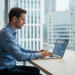 Website als marketingtool - Een MKB-ondernemer werkt aan een laptop, symbool voor een website als marketingtool, met het logo van eConcepts Nederland.