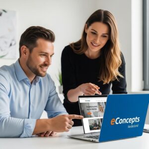 website laten maken - Een MKB-ondernemer die tevreden kijkt naar de nieuwe website die eConcepts Nederland heeft laten maken.