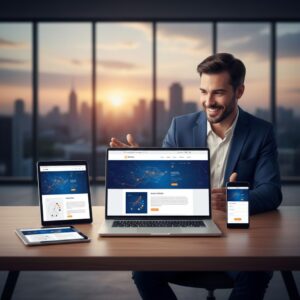 Website laten maken - Een ondernemer die tevreden kijkt naar de nieuwe bedrijfswebsite op een laptop, een voorbeeld van een website laten maken door eConcepts Nederland.