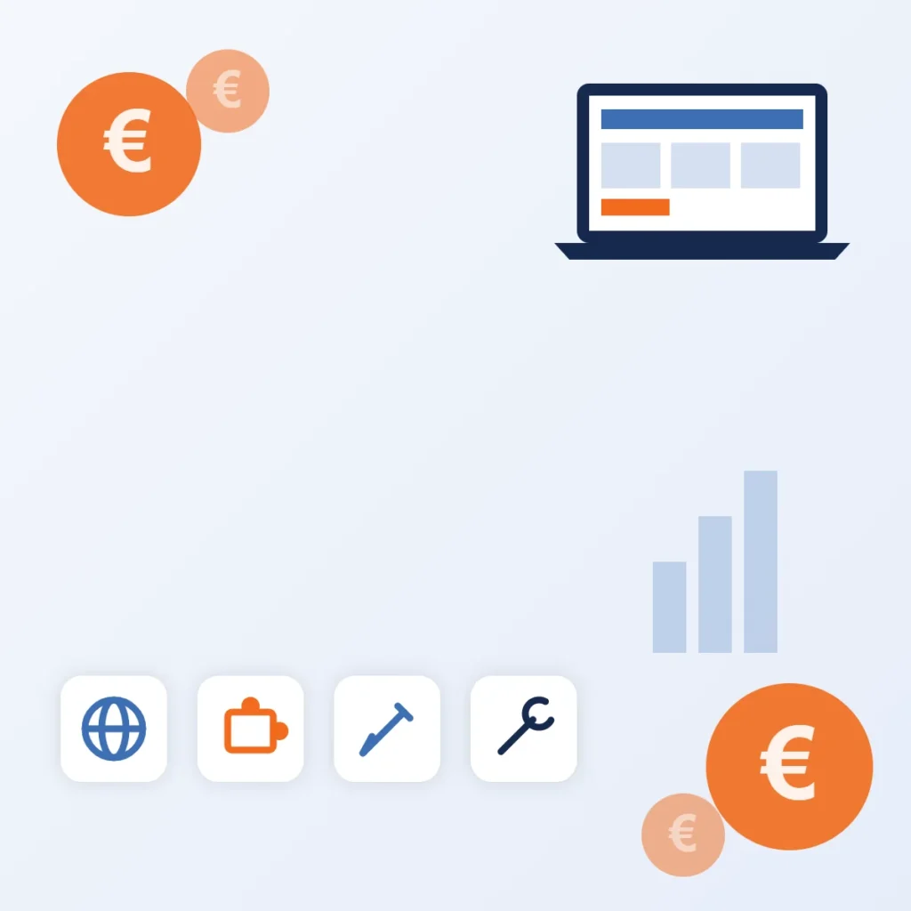 WordPress-website kosten 2026: illustratie met euromunten, een laptop en iconen voor hosting, plugins, ontwerp en onderhoud