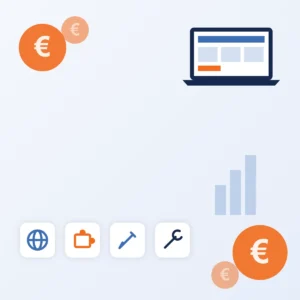 WordPress-website kosten 2026: illustratie met euromunten, een laptop en iconen voor hosting, plugins, ontwerp en onderhoud